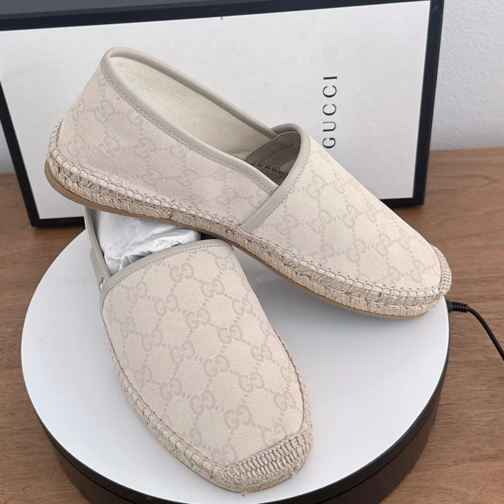 Gucci Mens GG Monogram Canvas Espadrilles White Beige 466903 US 8